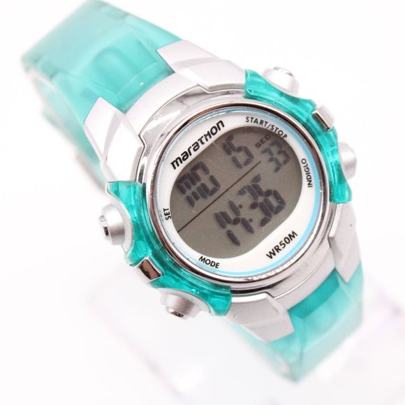 Vintage Marathon Digital Watch Womens Silver Tone WR50M Retro Blue Band Y2K - Picture 1 of 8